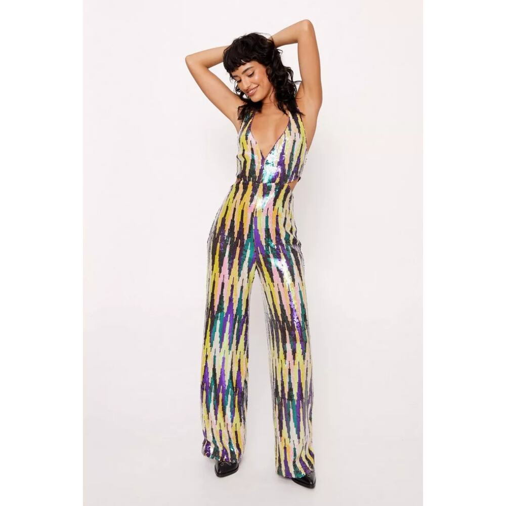 NWT NASTY GAL Stripe Sequin Halterneck Wide Leg Jumpsuit 10